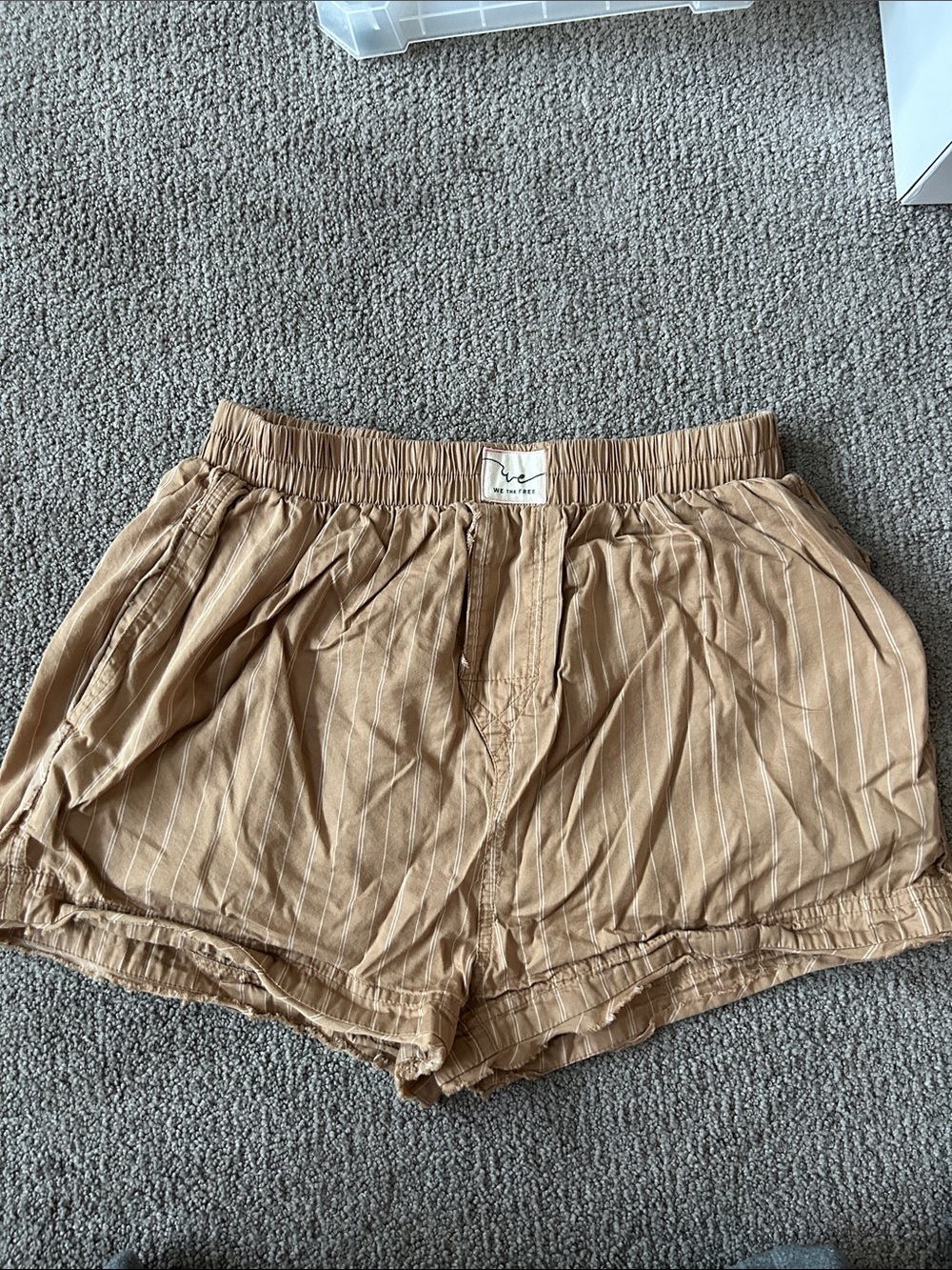 We The Free Tan Pinstripe Elastic-Waist Boxer Style Shorts